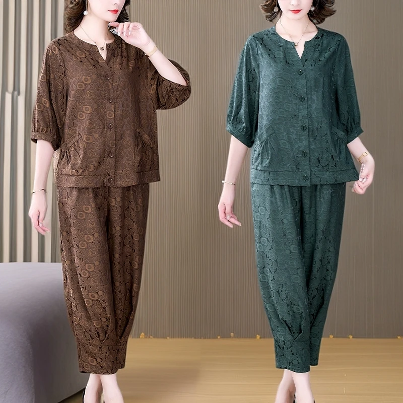 夏季新款女装大码女装宽松V领开衫洋气复古套装妈妈时尚两件套