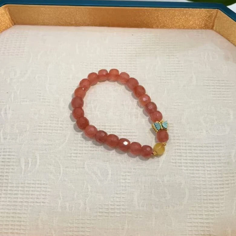 冰飘南红手链*切割面*8mm银镀金镶嵌绿松石*蜜蜡