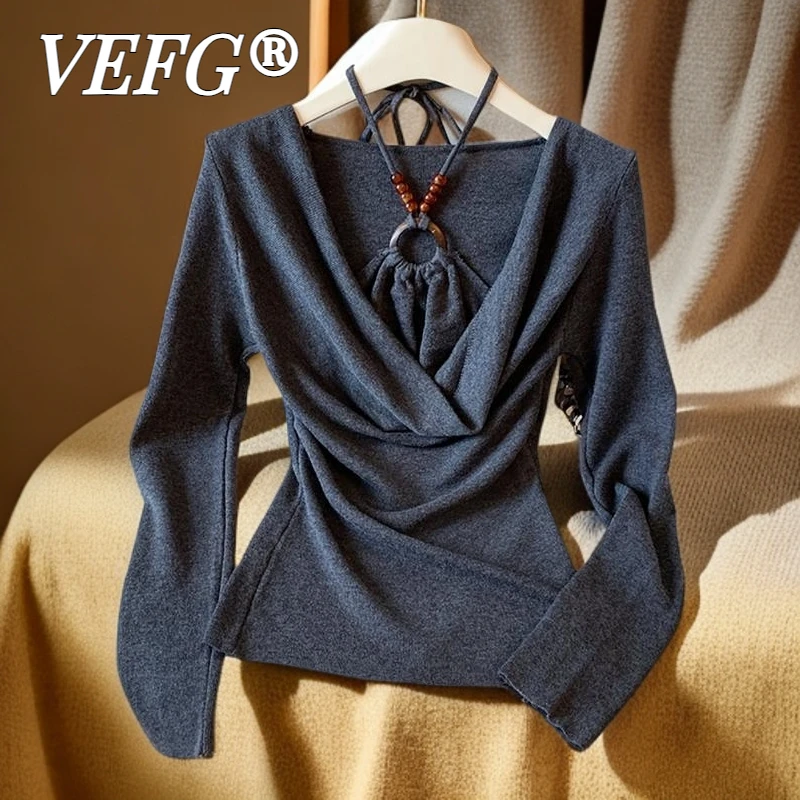 VEFG假两件荡领长袖针织打底衫女2025早秋季潮流外穿修身内搭上衣