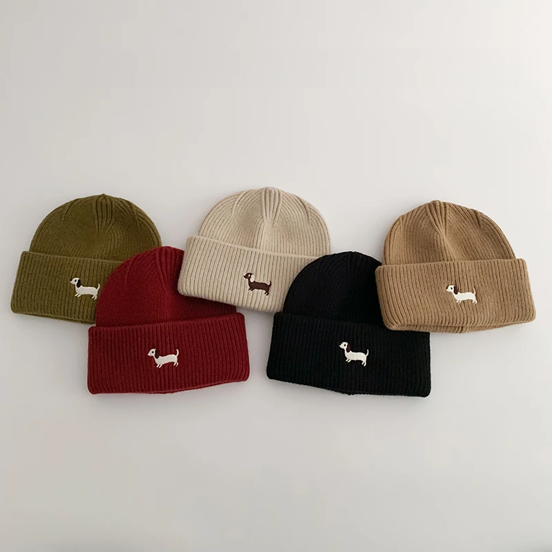 儿童帽子秋冬季保暖针织套头毛线帽男女宝宝韩系刺绣小狗护耳帽潮