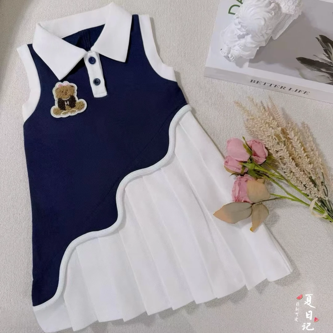女童学院风POLO连衣裙2025新款卡通爱心镂空T恤裙蝴蝶结公主裙潮