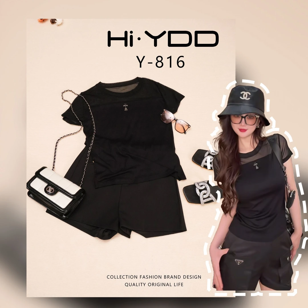 YDD•「Y-816」老钱风轻奢高级感透气金属拼接短袖上衣XZ-8369