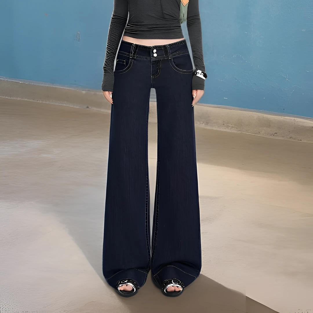 牛仔裤女款美式低腰微喇叭修身显瘦微弹宽松直筒牛仔裤百搭设计感