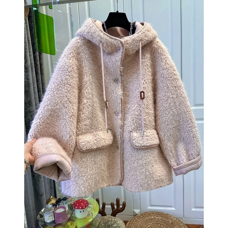 时尚超好看毛茸茸皮毛一体毛呢外套女连帽单排扣宽松2025冬季新款