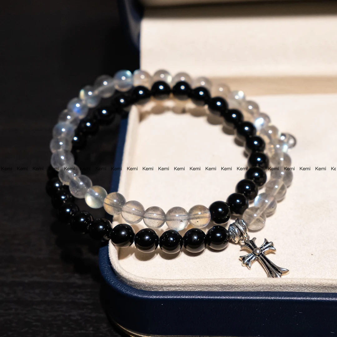 【垣汐】珂秘kemi原创设计感天然灰月光石手串双圈叠戴黑曜石手链