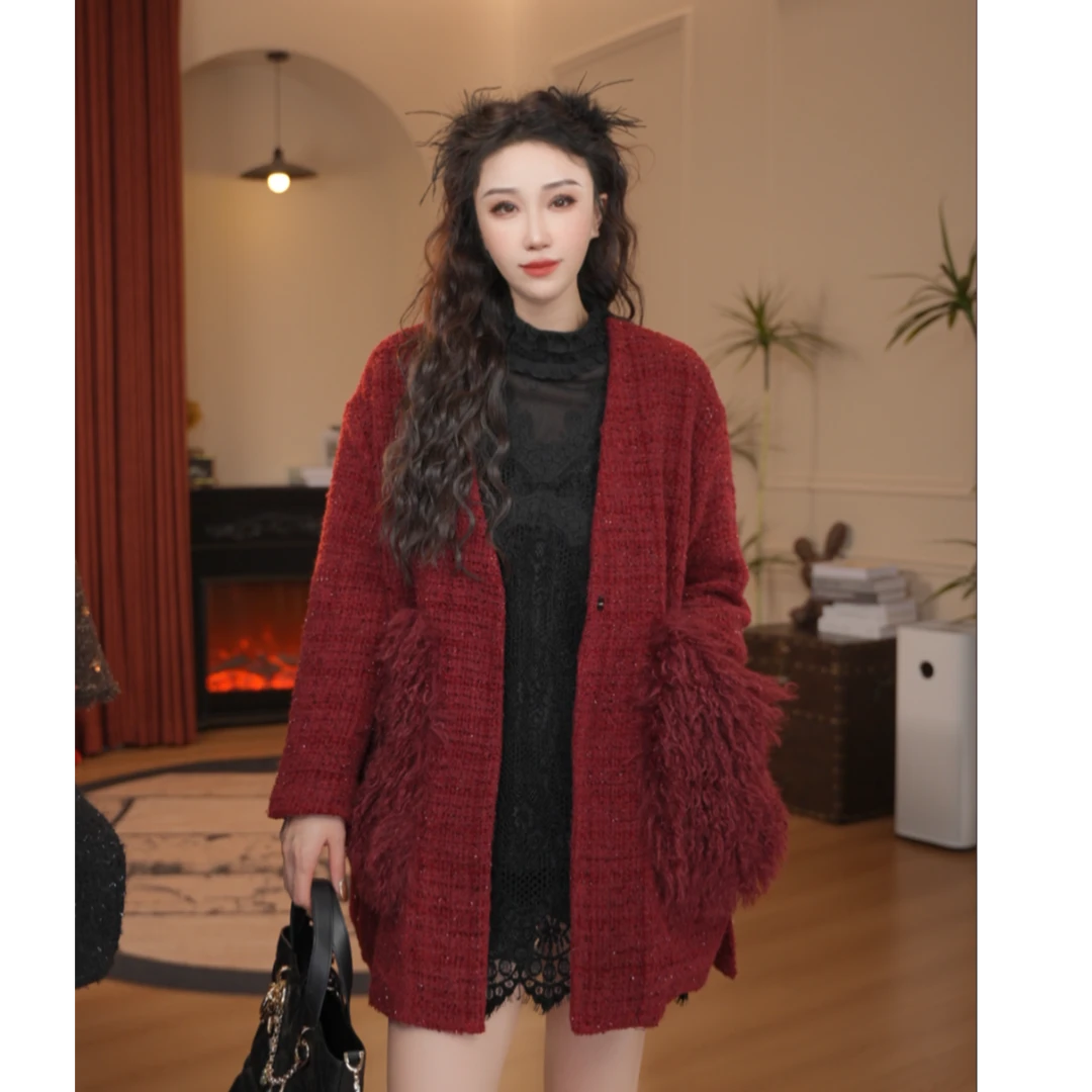 JR·雪姐·暮色绒衣-D6398 轻奢毛毛拼接宽松百搭毛呢外套