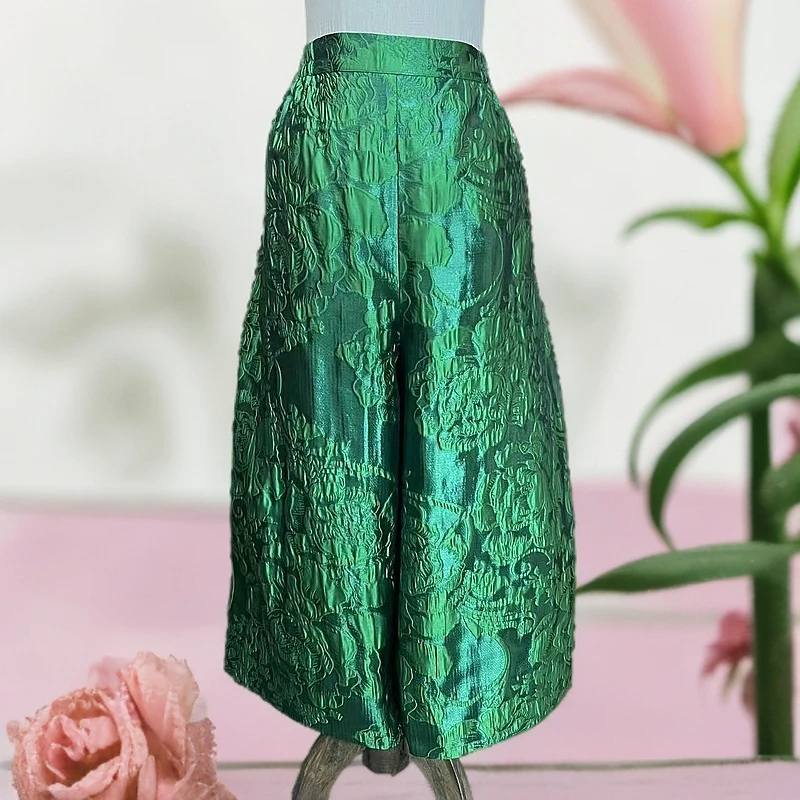 【绿野仙踪】夏季新款花苞裤绿色提花八分新中式国风裤子