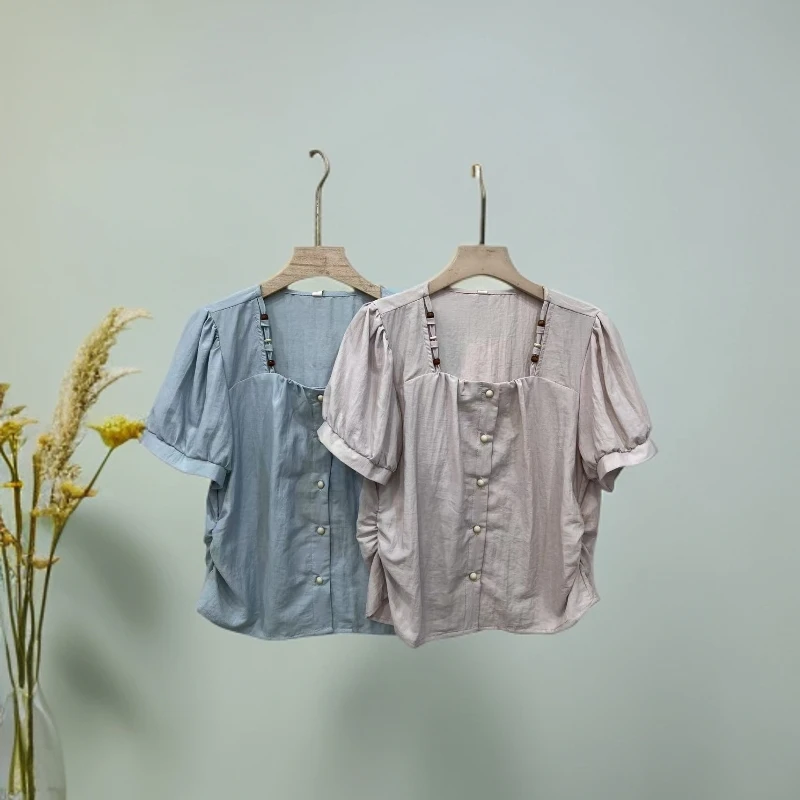 2361方领不规则衬衫女装气质显瘦纯色衬衫