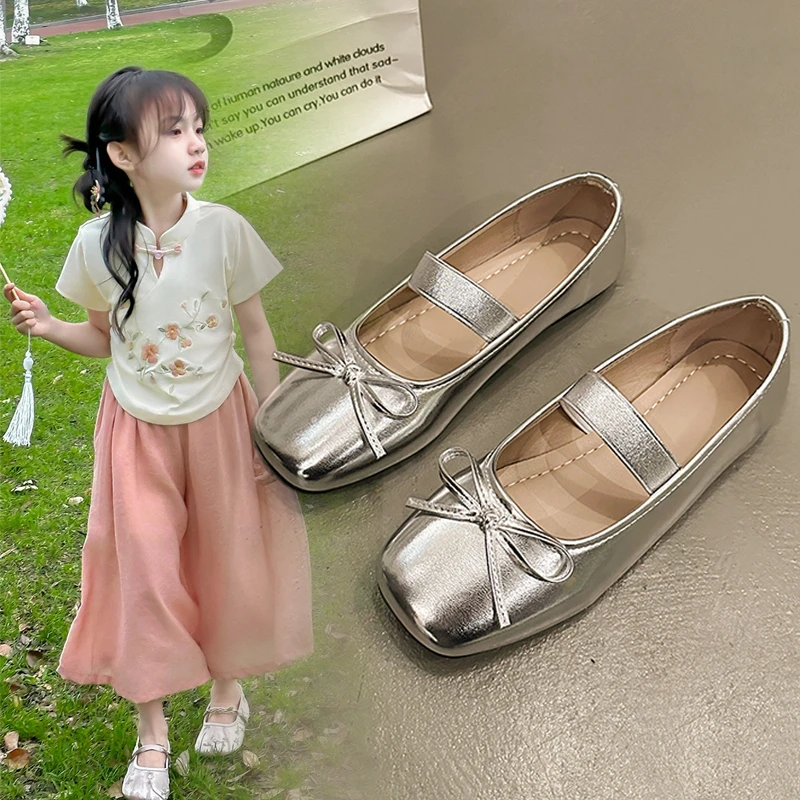 尾货女童银色浅口蝴蝶结鞋新款中大童芭蕾舞蹈鞋复古法式玛丽珍鞋