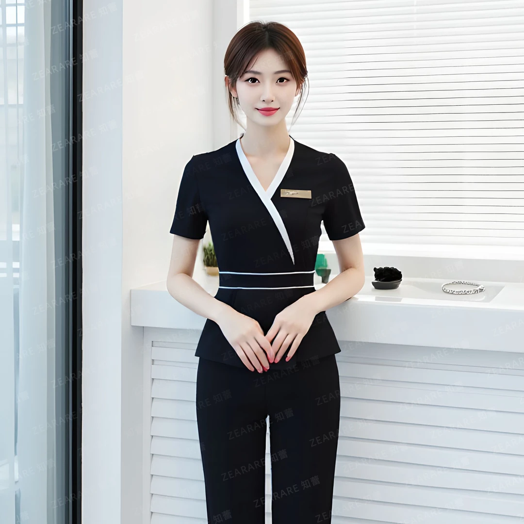 美容院工作服套装女夏短袖黑色美甲SPA采耳足浴美容师顾问店长服