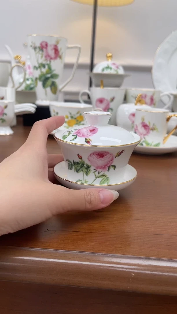 杯玫瑰高骨骨瓷盖碗