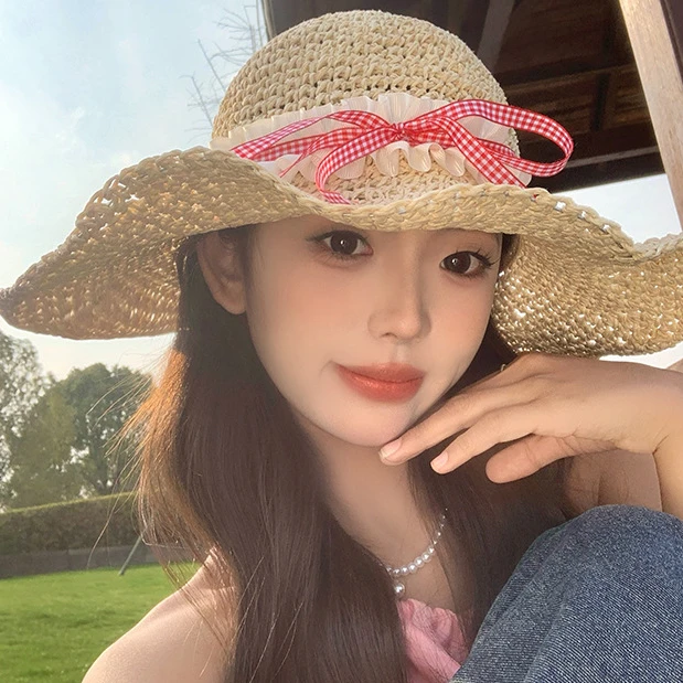 纯萃美夏天大帽檐蝴蝶结蕾丝方圆脸草帽女防晒渔夫帽百搭网红帽子