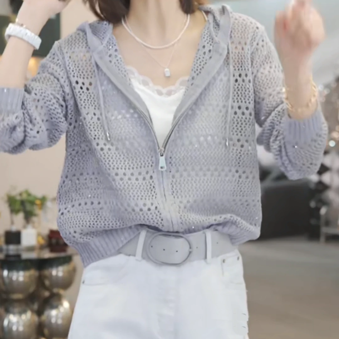 设计感拉链镂空长袖连帽针织开衫女2025春款时尚休闲气质连帽毛衣