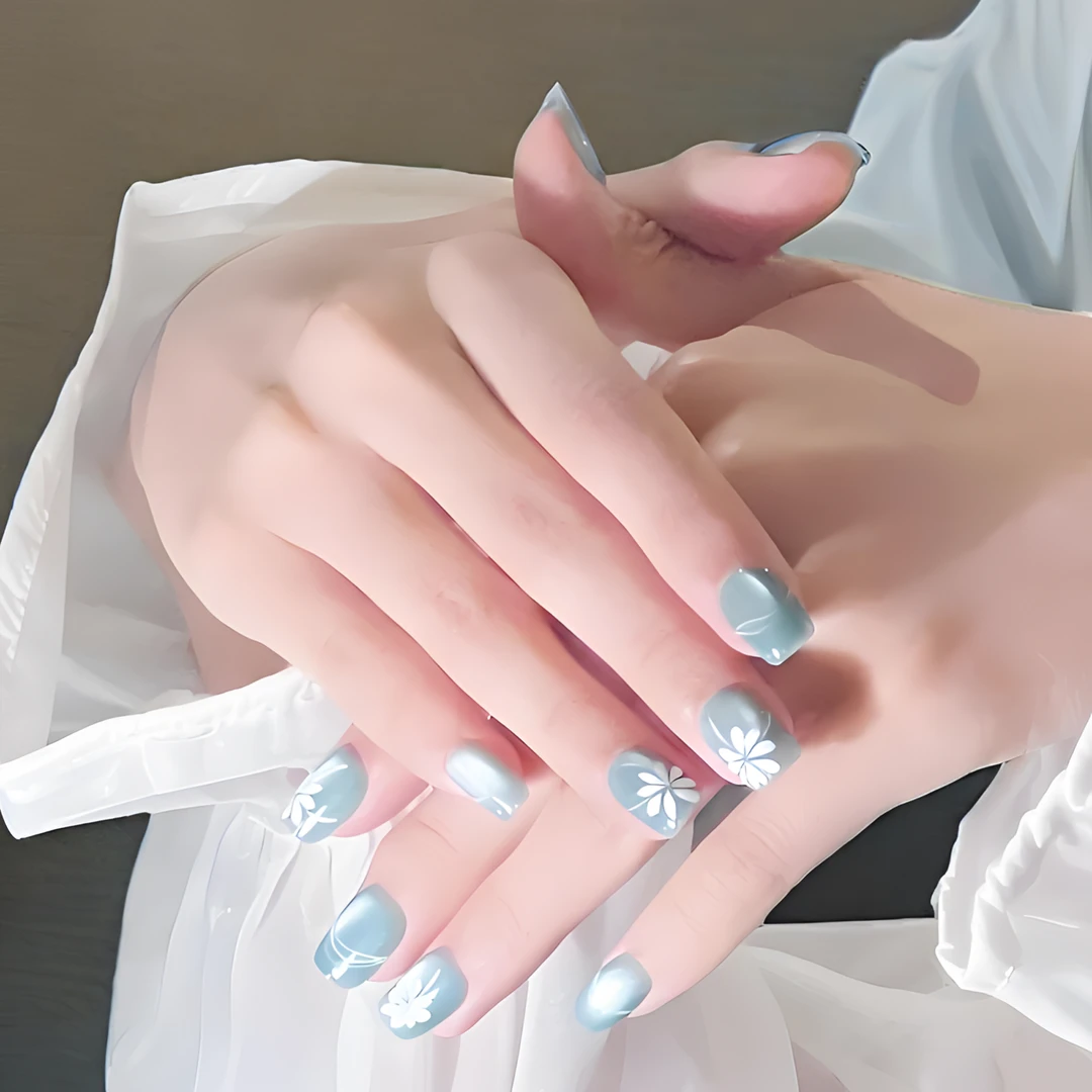 天青色手绘短款美甲贴片高级感纯手工猫眼个性小众女生光疗穿戴甲