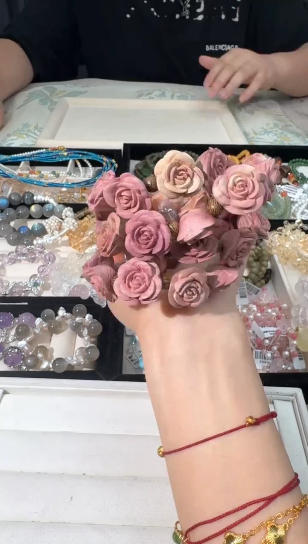 水晶手链未镶嵌N001粉花花木头设计款