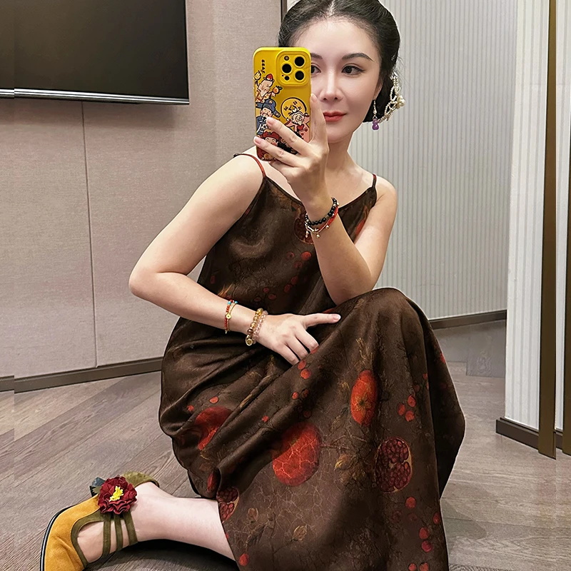 月下微凉25718店庆款红石榴25姆米红云纱新中式吊带裙女连衣裙