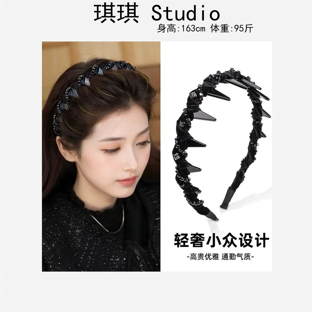 春季新款潮流气质时尚高级感黑色发饰串珠缠绕发箍L