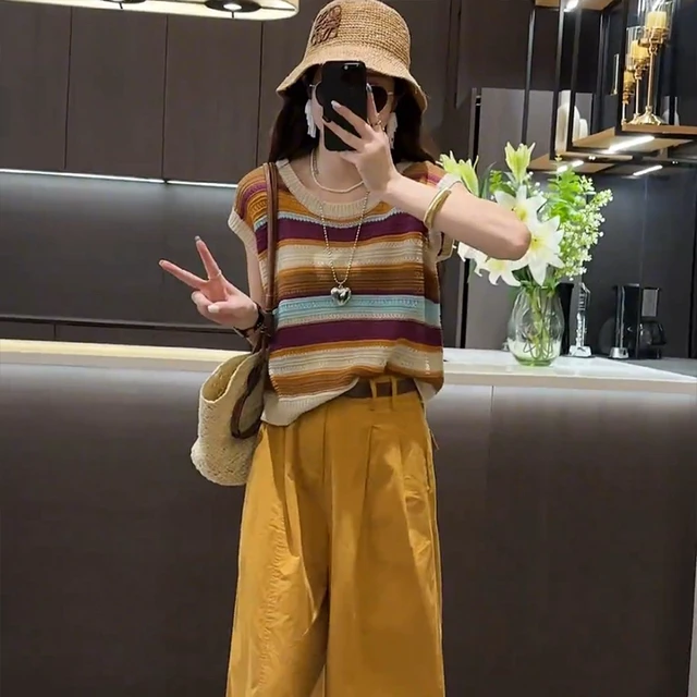 减龄搭配一整套夏装条纹针织背心阔腿裤两件套小个子显高时尚套装