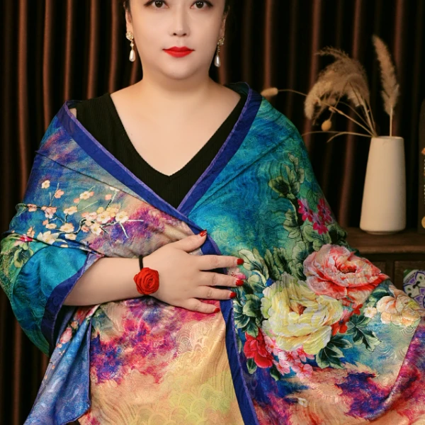 丝巾围巾披肩双面双色百搭旗袍油画牡丹龙鳞纹180*70长巾7608