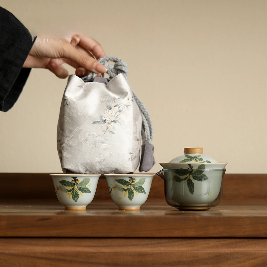 宜物宜心手绘桂花户外旅行茶具套装盖碗一壶二杯公道杯便携包茶杯