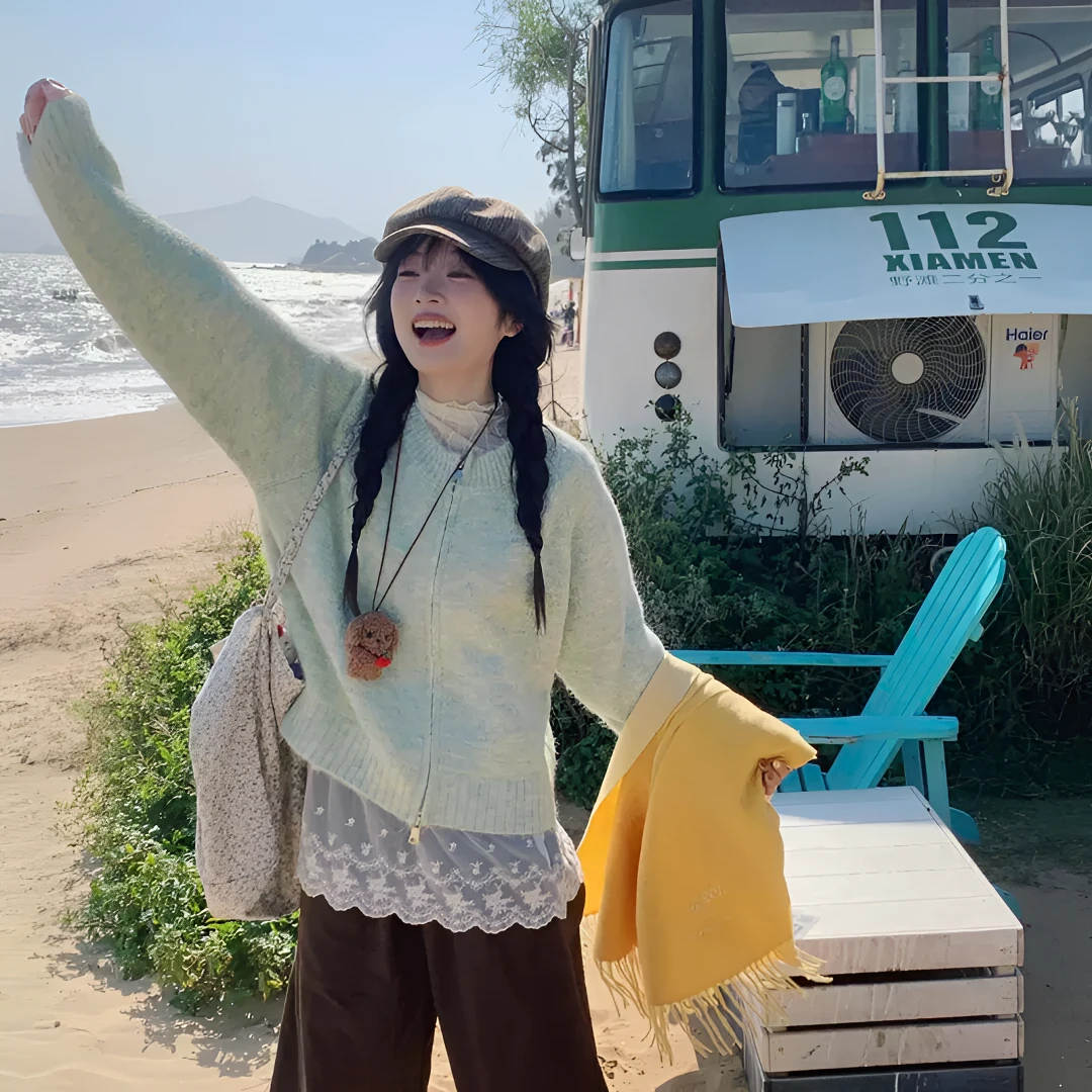 佩佩 花绿色毛衣外套女款春秋韩超好看慵懒风宽松针织开衫125