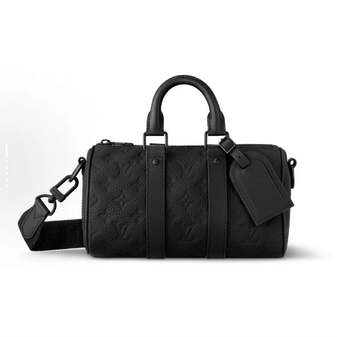 99新 LouisVuitton/路易威登 经典keepall25黑压纹斜挎包 芯片