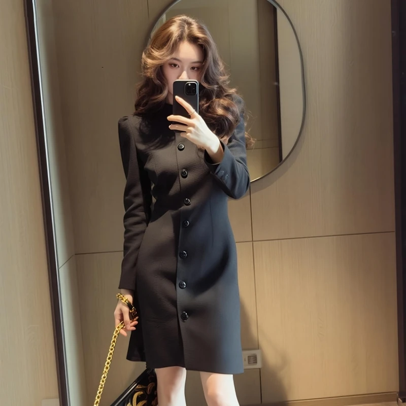 出席重要场合的裙子女秋季轻熟气质收腰高级感通勤黑色长袖连衣裙