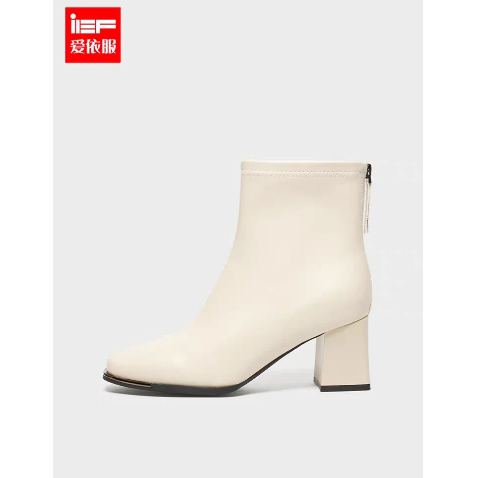IEF/爱依服2025冬季新款洋气英伦风显瘦简约女方头粗跟短靴流光风
