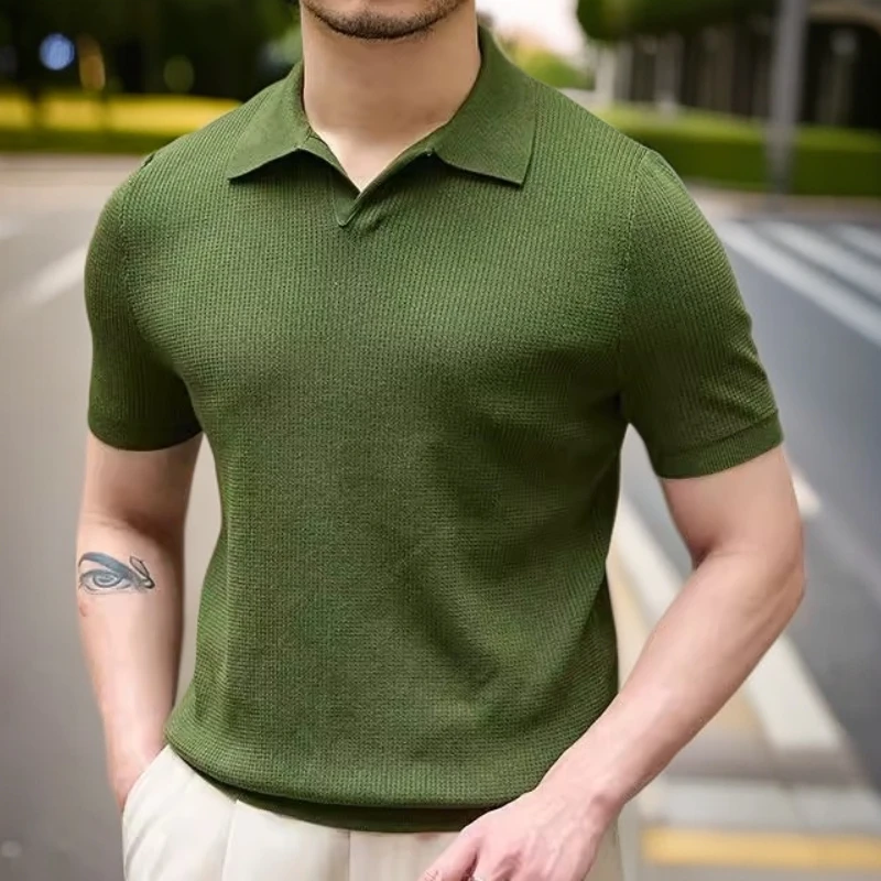 考蒂玻帕夏季修身透气V领POLO衫针织衫复古休闲型男商务短袖t恤男