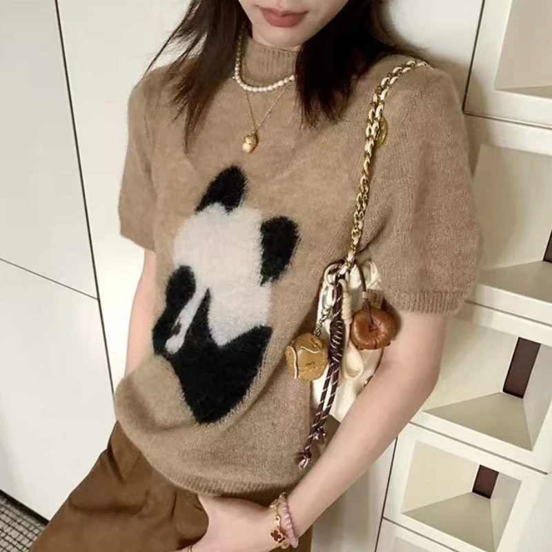 羊范圆领熊猫提花超细精纺羊毛上衣女薄款宽松显瘦百搭慵懒风短袖