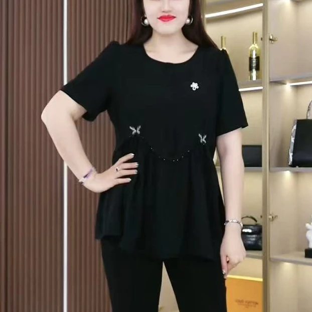 2025新款大码女装时尚气质宽松胸针串珠腰线蝴蝶上衣肉显瘦ZB6988