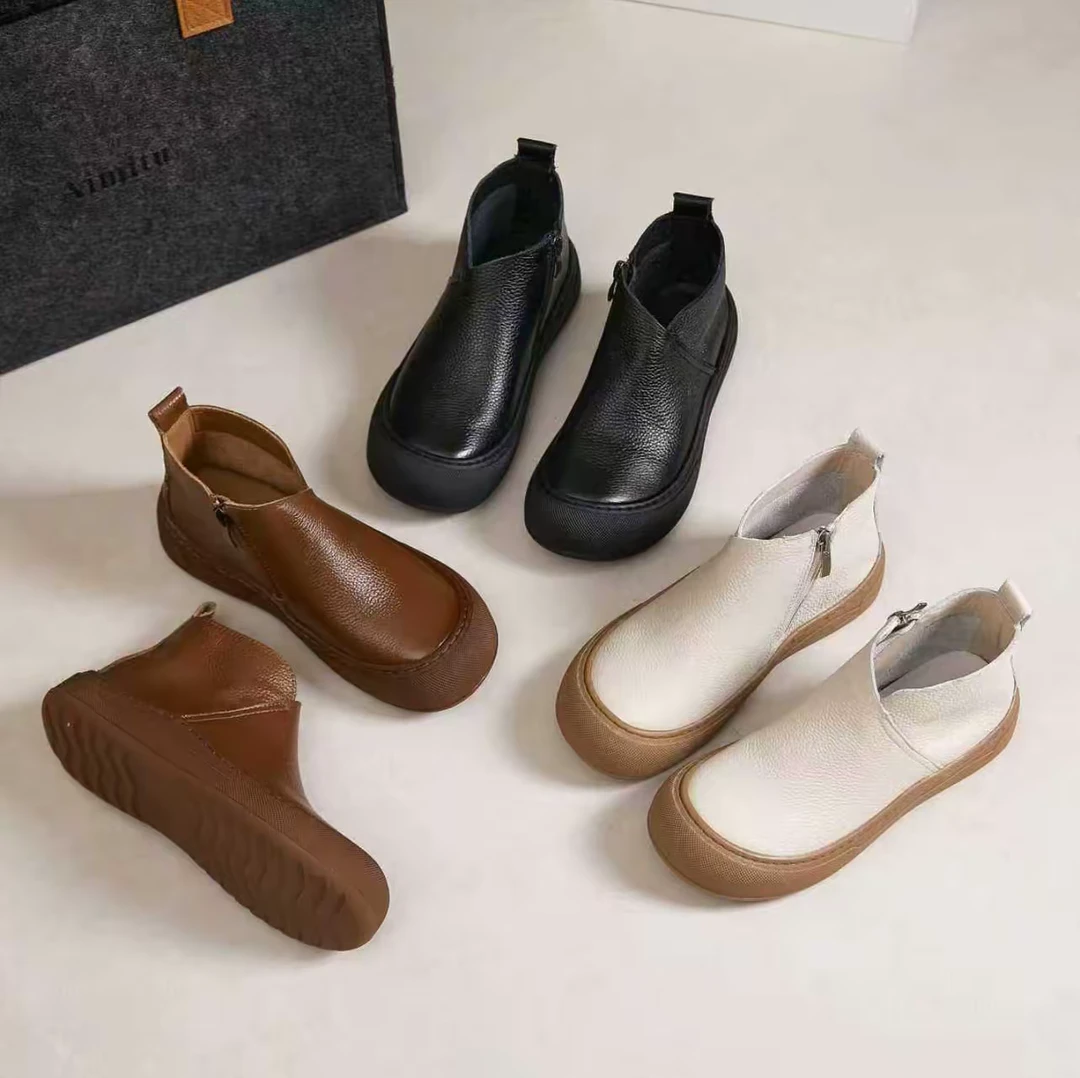 秋冬新款手工真皮女款森系复古圆头真皮高帮女鞋
