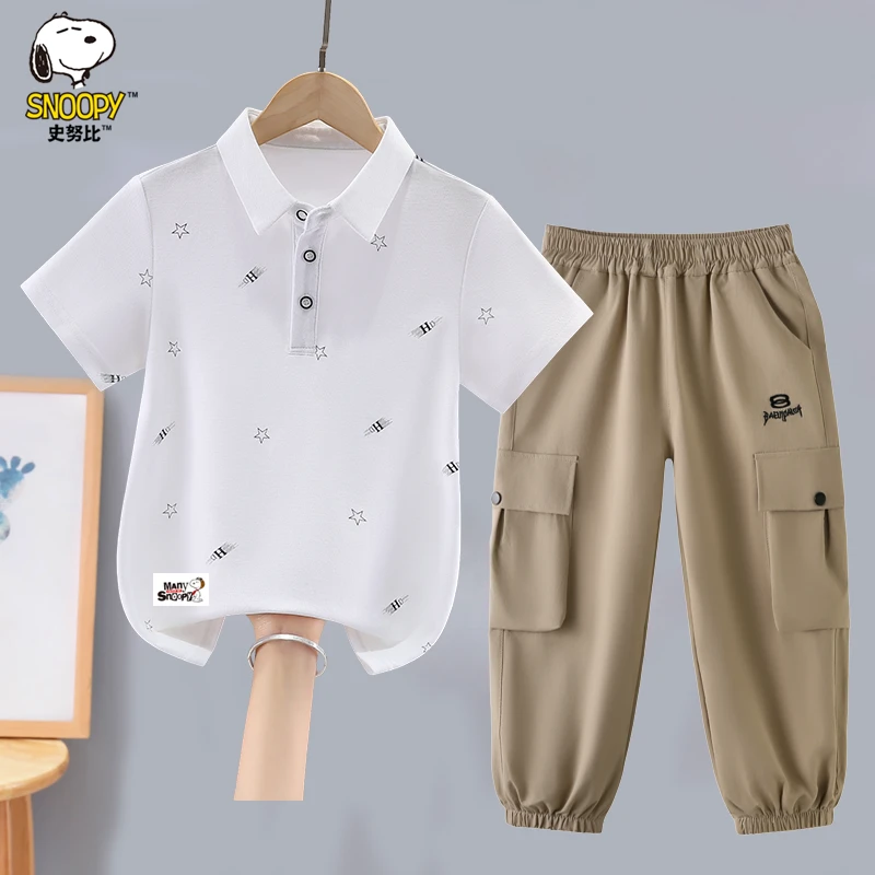 史努比男童短袖套装夏装2026新款洋气中大童男孩翻领polo衫两件套