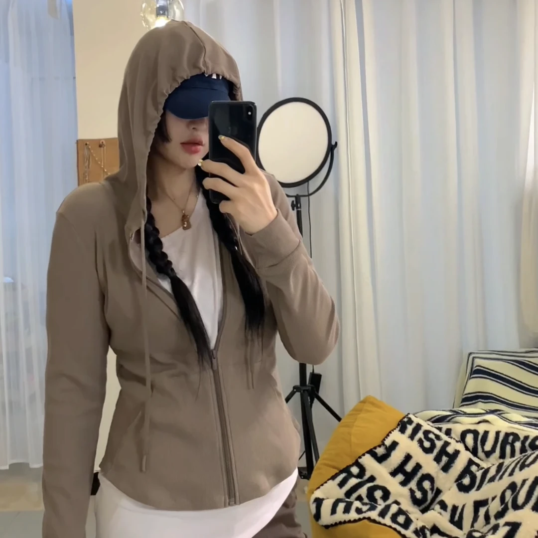 大码修身运动外套百搭连帽休闲帽衫瑜伽服健身服上衣显瘦女士