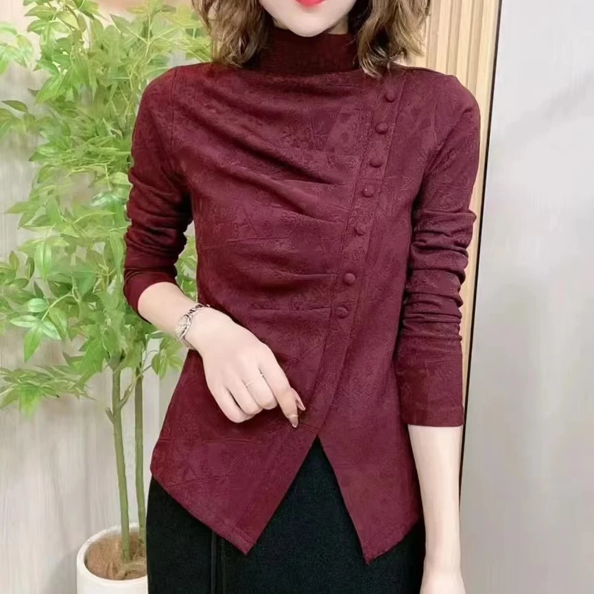 纯色提花半高领斜排扣长袖打底2024秋冬一体绒修身显瘦气质7999款