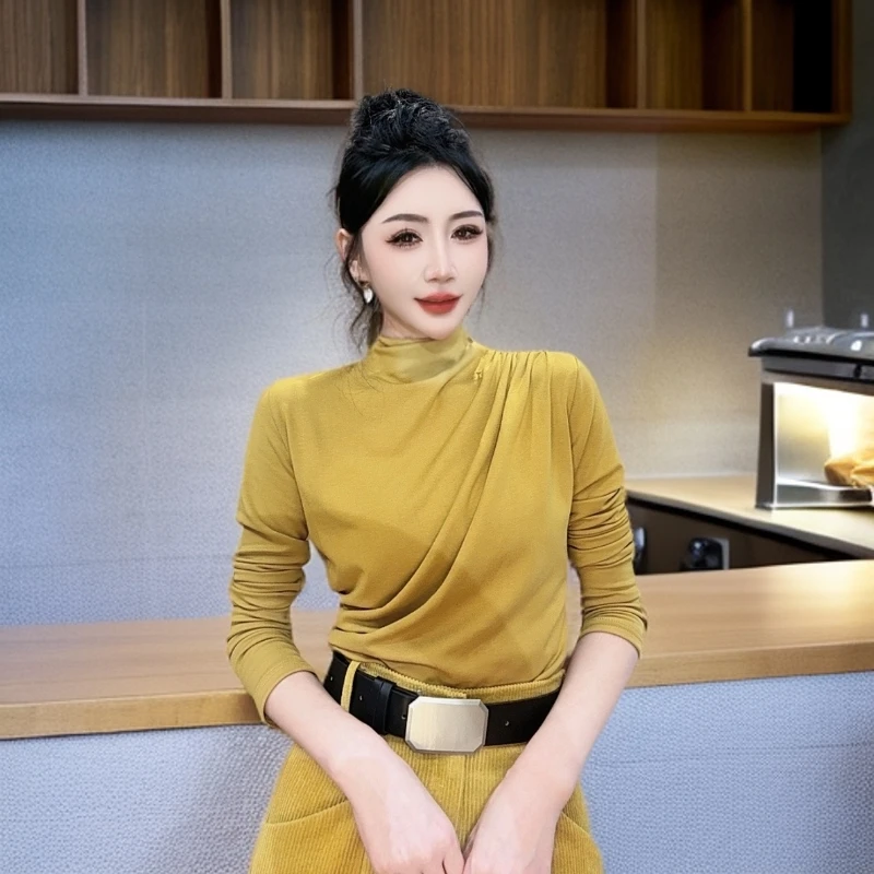 【美美专享】10995半高领抽褶设计感洋气修身辣妹T恤上衣女