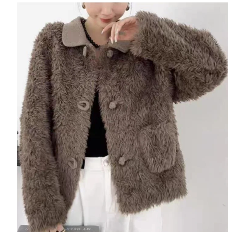 人造皮草 819T时尚保暖羊羔毛外套女短款翻领羊剪绒大衣冬季新款