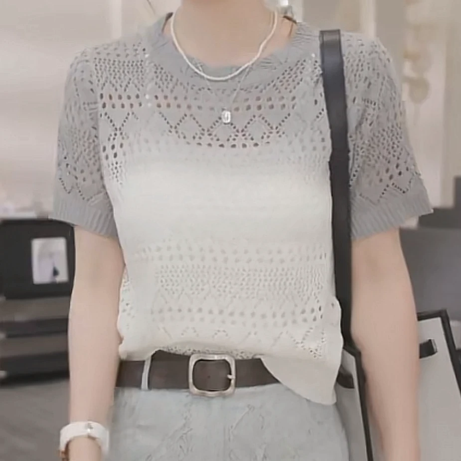 设计感镂空短袖渐变色毛衣女2025新款春夏时尚气质圆领套头针织衫