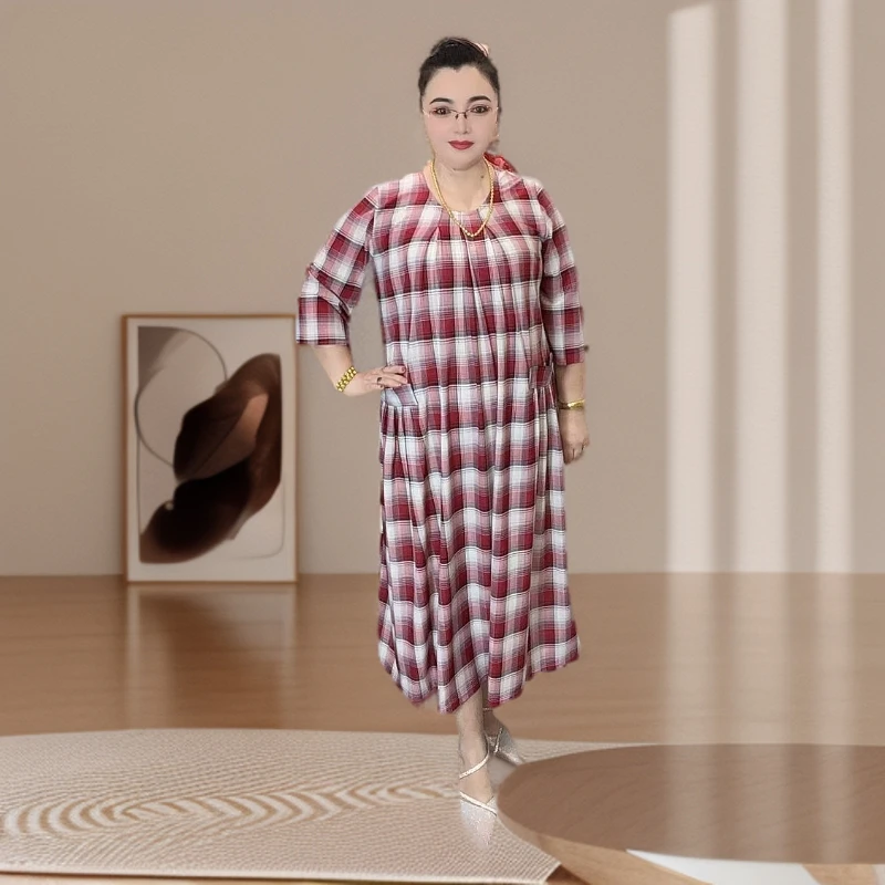 【ALY】早春新款原创方格子田园文艺连衣裙 长裙子休闲大码气质时尚