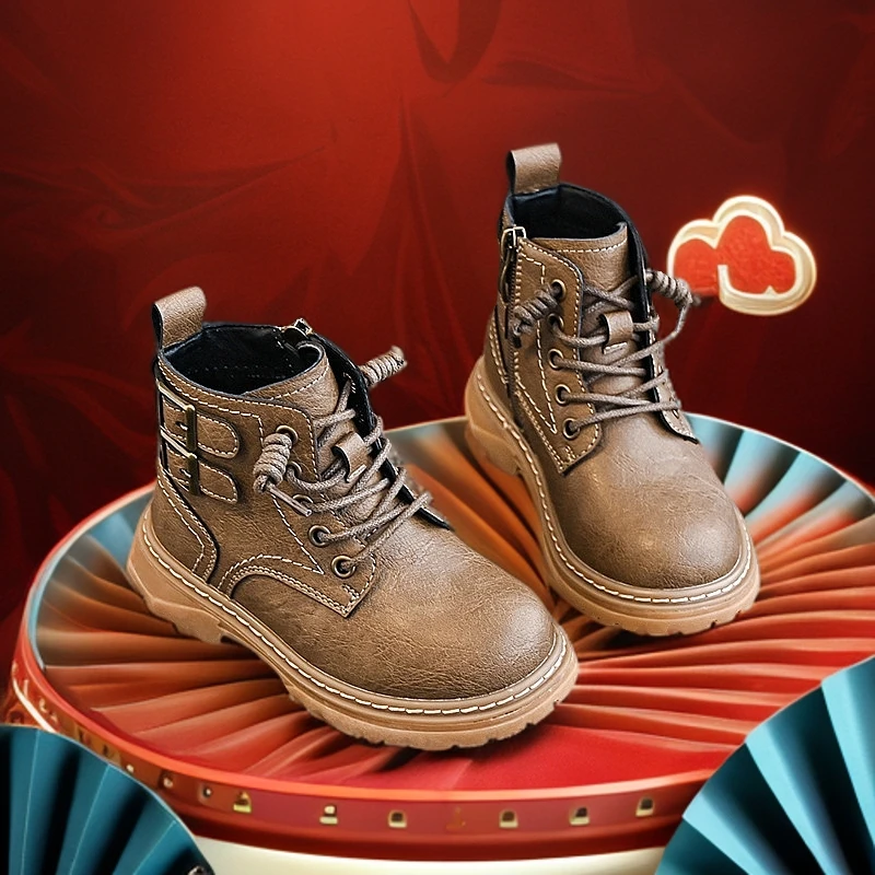 真皮男童马丁靴2024秋冬季新款英伦风男孩短靴儿童加绒保暖靴子
