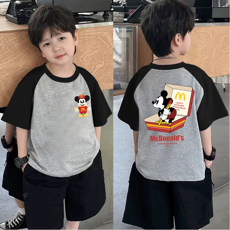 夏季纯棉男女童米奇短袖爆款新款休闲圆领宽松简约时尚打底衫上衣