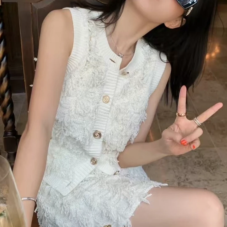 99新 Chanel/香奈儿 34码21S米白色流苏针织无袖开衫，马甲，背心