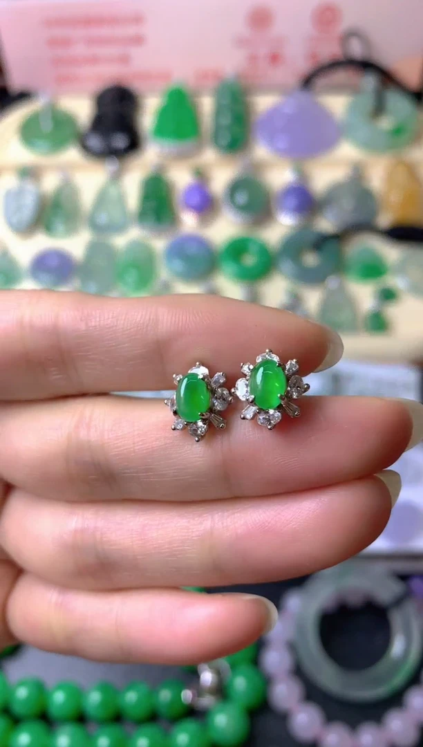 银S925镶嵌翡翠耳饰c****豆耳饰