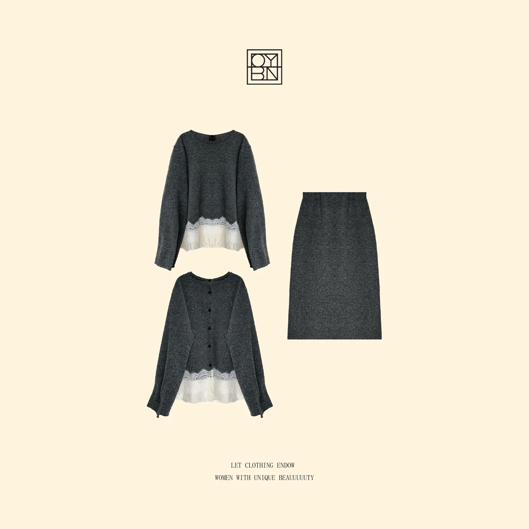 OYBN欧阳贝妮【蔷薇梦境】微胖大码撞色蕾丝拼接长袖半身裙套装6203