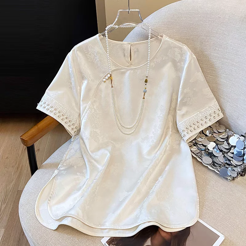 印染新中式防晒纯色短袖通勤T恤时尚ins小众休闲网红