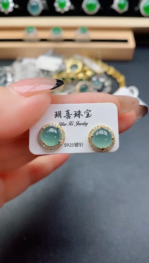 翡翠银S925镶嵌耳饰5080