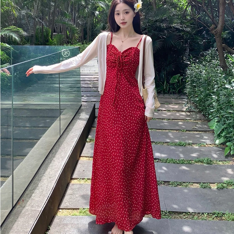 夏季新款法式气质吊带连衣裙女法式胖MM大码碎花显瘦遮肉红色裙子