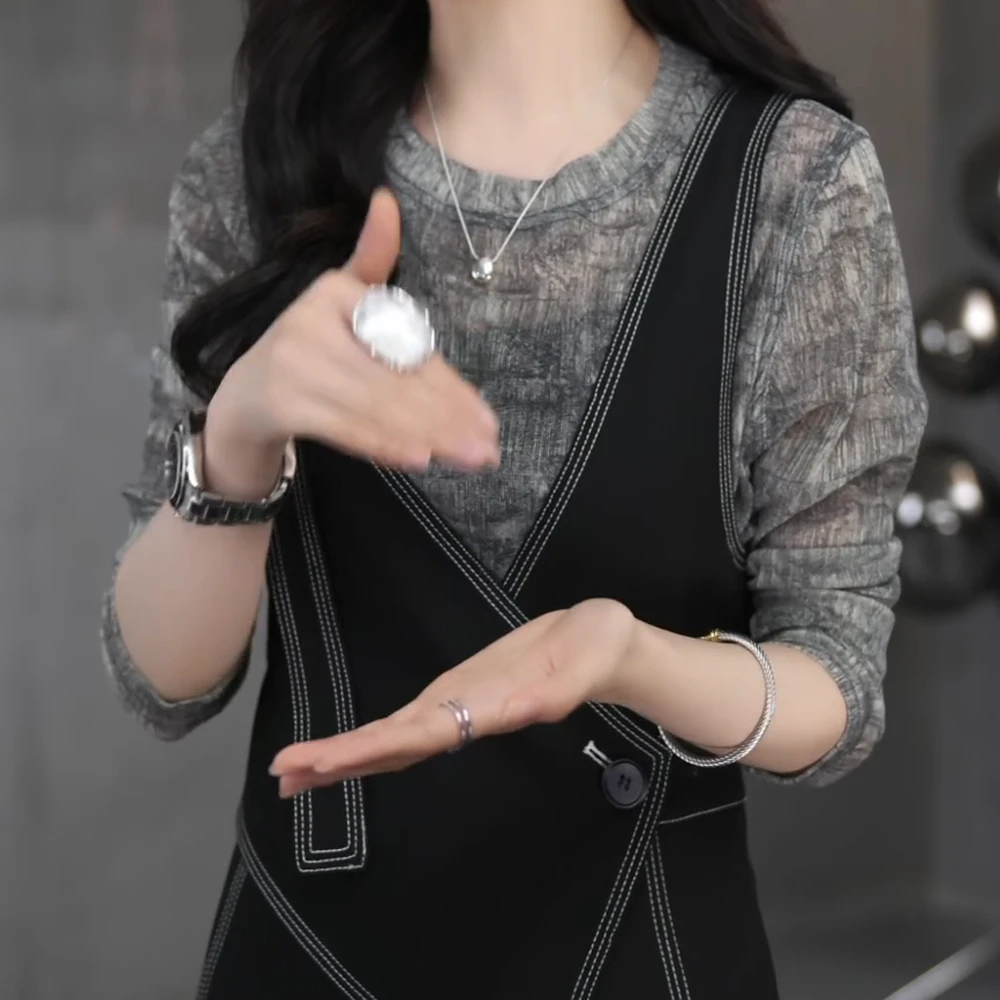 B夏季抗皱百搭轻薄T恤女微透慵懒风气质上衣拼接显瘦洋气