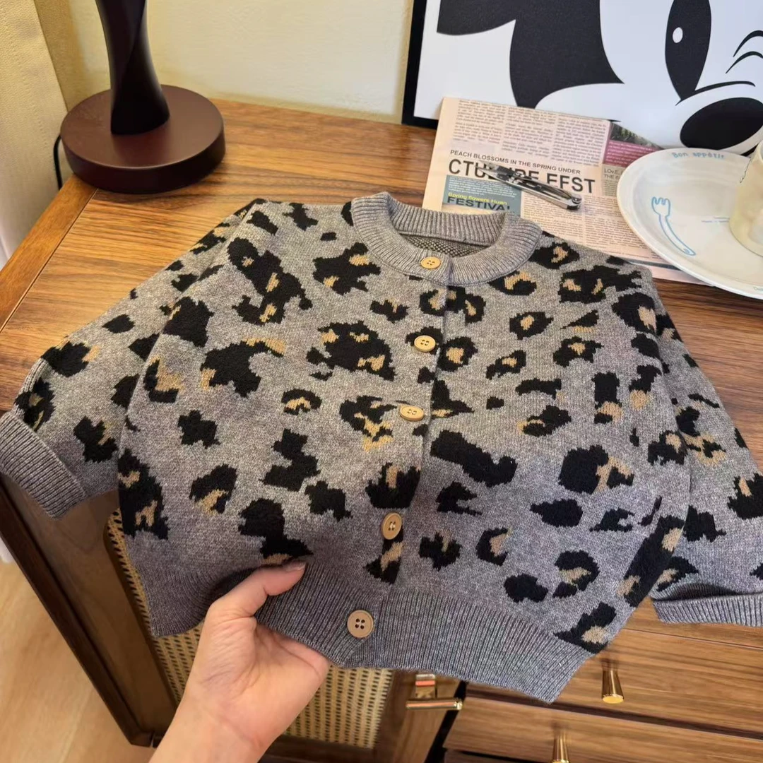儿童厚款休闲风长袖豹纹毛衣针织衫外套时尚提花韩版秋冬