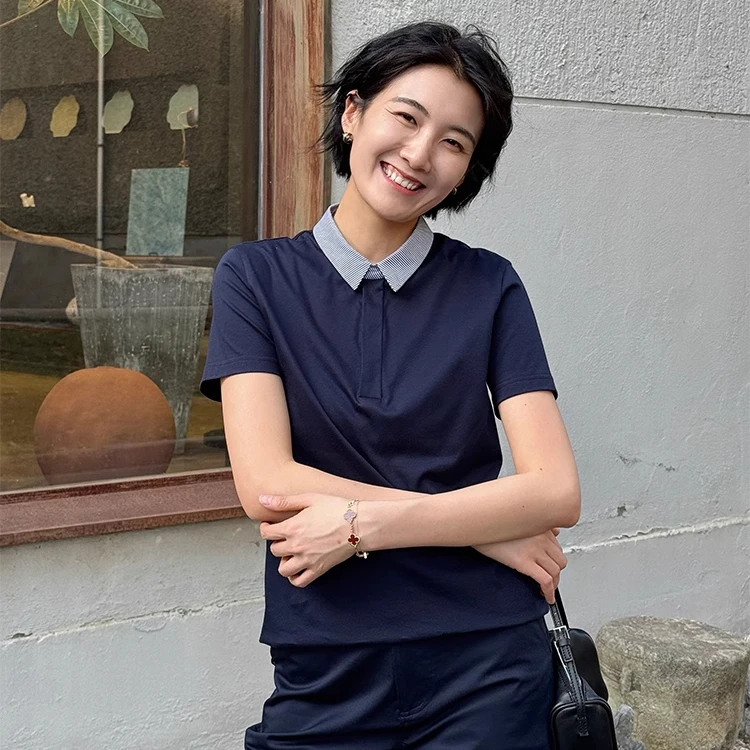浪清/女装推荐  达洛斯撞色翻领纯棉T恤44556#2025新款休闲短袖t